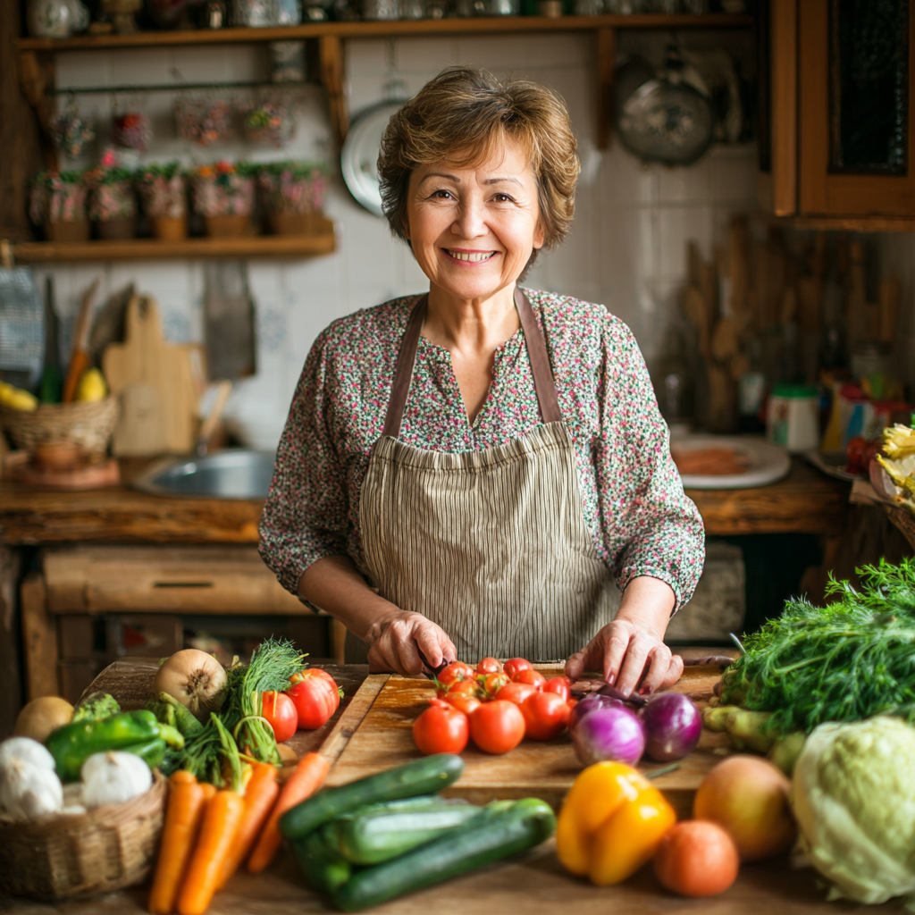 Средновъзрастна българка избира свежи зеленчуци на местен пазар с усмивка